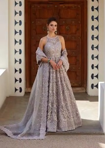 Premium Pakistani Bridle <b>Dress</b> <b>Silver</b> Metallic Sculptural Bridal Gown Featuring Bold Structured Padded Shoulders Intricate - Product Image 5