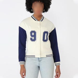 2026 Wholesale Rate Cream Navy Full Sleeve Turn Down Collar Button Closure Autumn Letter 90 Design Women Varsity <b>Jackets</b> - Product Image 1