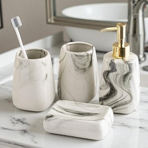 Juego de baño de cerámica moderno de 4 piezas con diseño de mármol, dispensador de jabón, soporte para cepillos de dientes, bandeja, fácil de limpiar - Product Image 1