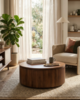 Table basse ronde en bois, couleur brun clair, en bois de noyer et de mangue, meubles à prix de gros