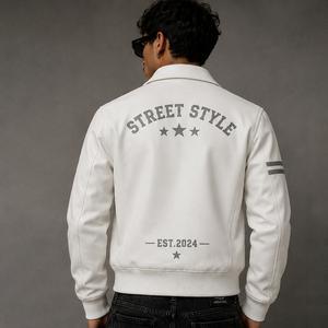 Blouson bomber en cuir blanc personnalisé avec poches zippées, style streetwear et détails graphiques premium pour un confort unisexe, par SHY - Product Image 2
