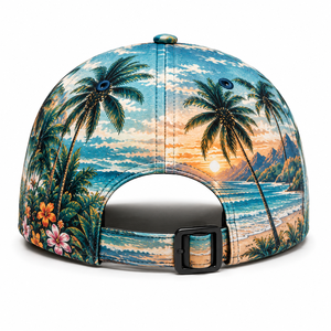Casquette de baseball à 6 panneaux avec logo brodé personnalisé et sublimation |   Casquette snapback à imprimé palmiers tropicaux hawaïens sur toute la surface, réglable - Product Image 2