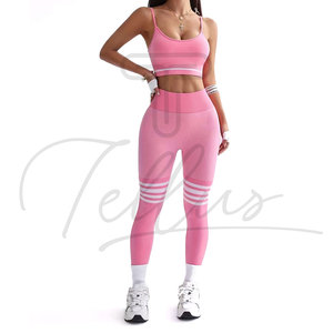 Ensemble de sport 4 pièces côtelé sans couture pour femme avec logo personnalisé, leggings de yoga grande taille, vêtements de fitness personnalisables - Product Image 6