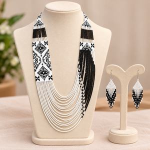 Parure de bijoux ethniques Jaunty de luxe noir et blanc, collier et boucles d'oreilles géométriques perlés, style bohème, superposés, pour mariage, pour femme - Product Image 2
