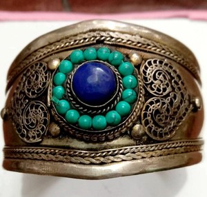 Classic Multi-color <b>Silver</b> Plated Flower Pattern Turquoise Stone Set Adjustable Size Women's Tibetan Bangles - Product Image 5