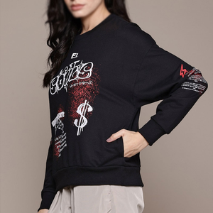 Sudadera Negra Personalizada con Gráficos para Mujer, Sudadera Holgada con Cuello Redondo, Estilo Casual Urbano, Mezcla de Algodón, Sudadera Estampada - Product Image 4