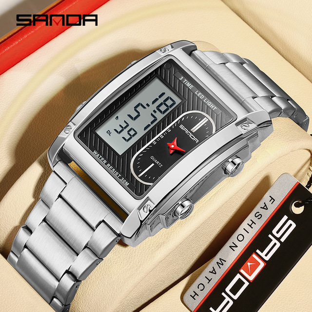SANDA 3328 Luminous Hands Business Casual Man LED Electronic Digital Analog Men's Square Dual Display Waterproof Watches for Men