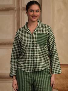 Conjunto de Pijama Casual Elegante para Mujer, 100% Algodón, Estampado a Rayas Verdes, Primavera-Verano, Suave, Transpirable, de Secado Rápido, Ropa de Dormir ODM - Product Image 4