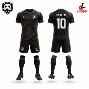 Ensemble de maillots de football personnalisés sublimés, noir et marron, manches courtes, col en V, uniforme sportif avec shorts et chaussettes assortis - Product Image 5