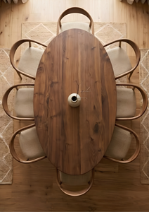 Ensemble de salle à manger en teck brun moyen, table ovale moderne avec chaises courbées - Product Image 1