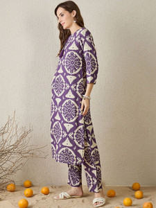 Damen Lila Ikat-Bedrucktes Baumwoll-Kurta-Set Reguläre Passform Knielang Ethnischer Stil Lässige Hochzeitskleidung Schnelltrocknend Für Alle Jahreszeiten Indien - Product Image 5