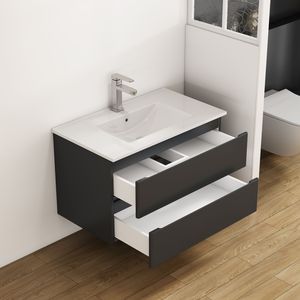 Mobile Bagno Sospeso da 32 Pollici con Doppio Cassetto, Ante Arrotondate, Sistema Soft-Close, Lavabo in Ceramica, Nessun Montaggio Hardware Richiesto - Product Image 5