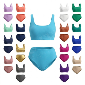 New Arrival Vacation Summer Custom Logo High‑Waist Bikini Set for Women Scoop Neck Swimwear Solid Two‑Piece Beachwear Swimsuit - Product Image 1