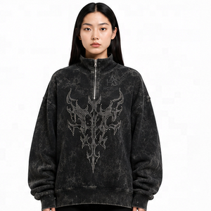 Sudadera Oversize de Felpa/Algodón con Lavado Ácido, Cuello Alto Simulado, Hombros Caídos, Color Negro, Premium, Estilo Urbano de Invierno, Muy Solicitada - Product Image 1