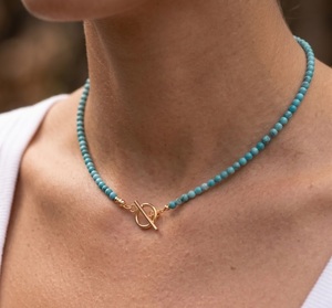 AA Grade Natural Blue Turquoise 4mm Beads Women <b>Necklace</b> 14K Gold Plated Toggle Clasp Healing Crystal Gemstone Beaded Choker - Product Image 5