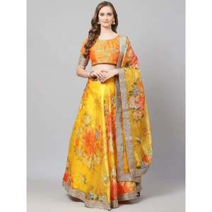 Lehenga Choli de mariée en organza à imprimé floral numérique jaune - Product Image 5