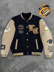 Chaqueta universitaria de béisbol unisex con mangas en contraste, azul marino en el cuerpo y beige en las mangas, estilo streetwear, varsity, de invierno, con capucha, acolchada, cálida. - Product Image 3