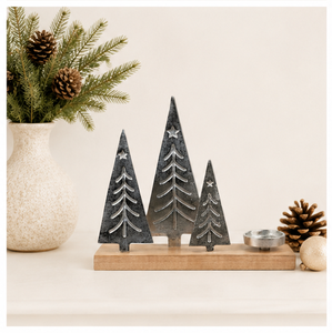 High-Quality Silver Metal Christmas Tree Candle Holder With Rustic Wooden Base Elegant Festive Tealight <b>Stand</b> For Home Decor - Product Image 2