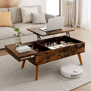 Modern Vintage Rustic Wooden Lift-Top <b>Coffee</b> <b>Table</b> with Hidden Storage and Open Side Shelf <b>for</b> Living Room Apartment - Product Image 1