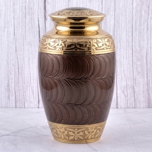 <b>Red</b> and Gold Floral and Leaf Motif Brass Adult Cremation Urn with glossy surface for Human Ashes, Burial Memorial Urn - Product Image 6