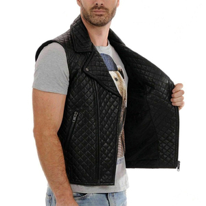 2026 Men's Black PU <b>Leather</b> <b>Vest</b> Turn-down Collar Zipper Closure Moto Style Quilted Design Outer Wear Autumn Season Breathable - Product Image 2