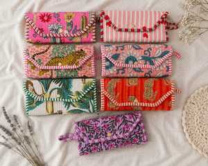 Handmade <b>Quilted</b> Jewelry Roll Indian Letter Print Cotton Travel Organizer Floral Clutch <b>Bag</b> with Zipper Closure for Brides - Product Image 1