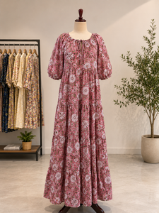 Floral Print Woven Chiffon Maxi <b>Dress</b> Women Puff Sleeve Loose Fit Tiered Hem Eco-Friendly 6XL Spring Casual Sweet Natural - Product Image 6