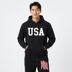 Unisex USA Printed Solid Fleece <b>Hoodie</b> and Pants Tracksuit Set Black Cotton Casual Autumn Wear Full Sleeve Drawstring Joggers - Product Image 4