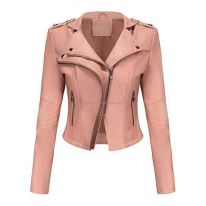 Veste en cuir pour femme rose Moto Biker Style Punk Slim Fit Rivets revers col asymétrique fermeture éclair doublure en Viscose prêt à porter - Product Image 1