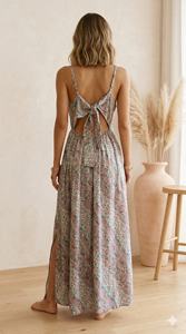 Vestidos Maxi Casuales de Verano Coreanos con Estampado Geométrico, Cuello en V, Sin Mangas, de Seda Tejida India Bohemia Natural Estilo Y2K, Talla Única - Product Image 3