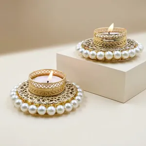 Round Gold Tea Light <b>Holder</b> with Pearl Trim for Wedding Home Decoration Pearl Diya Candle Stand Decorative <b>Tealight</b> <b>Holder</b> - Product Image 4