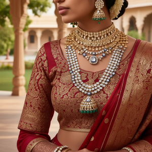 Taari Moissanite Layered Necklace and Earring Set-Gold Plated Vintage Bridal Jewelry - Product Image 3