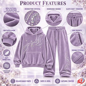 Ensemble de survêtement en velours velours personnalisé Lilac Mirage Street 280 GSM avec sweat à capuche et pantalon ornés de strass et cristaux - Product Image 5