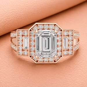 Bague de fiançailles en or rose avec halo de diamants de laboratoire taille émeraude, bijoux de mariage vintage de luxe, cadeau pour femme VVS1-VVS2 - Product Image 1