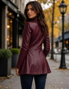 <b>Women</b>’s Oversized Burgundy <b>Leather</b> <b>Jacket</b>, Modern Minimalist <b>Bomber</b> <b>Jacket</b> - Product Image 5