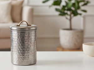 Hammered Metal Food Container With <b>Lid</b> Round Industrial Design Handcrafted Storage <b>Bin</b> For Kitchen Use And Home Use - Product Image 3