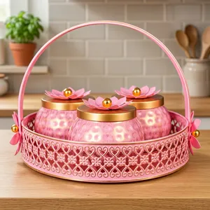 Ensemble de 3 contenants à fruits secs en métal doré turquoise avec panier décoratif et couvercle en forme de fleur de lotus, panier-cadeau de luxe pour table haut de gamme - Product Image 5