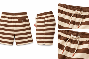 Premium Brown Beige Thick Striped High Waist Drawstring Swim <b>Trunks</b>-Quick-Dry Spandex/Polyester Customizable Logo Designer - Product Image 2