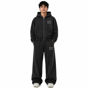Conjunto de Sudadera con Capucha y Cremallera con Logotipo Personalizado, Lavado Ácido, y Pantalones de Chándal de Pierna Ancha, Estilo Vintage, con Remaches, Holgado, de 2 Piezas, 100% Algodón - Product Image 3