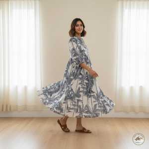 Cotton Floral Print Floor Length A LINE Dress O Neck <b>Three</b> Quarter Puff Sleeves Women's Daily Wear Embroidery Pocket Detail - Product Image 6