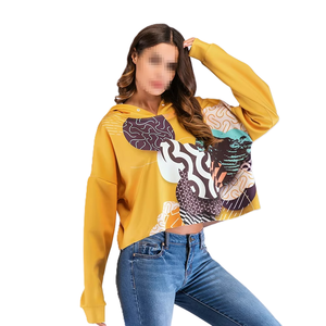 Washed 100% Cotton Embroidered Women's Hoodies <b>Top</b> Yellow Hooded <b>Crop</b> Sweatshirt Patchwork Print Full Sleeve Casual Winter - Product Image 3