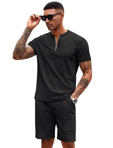 OEM Wholesale Custom Logo Breathable Solid Mens Zipper Style <b>Collar</b> <b>T</b>-<b>Shirt</b> Short Pant Comfortable Summer Casual Gym Wear - Product Image 1
