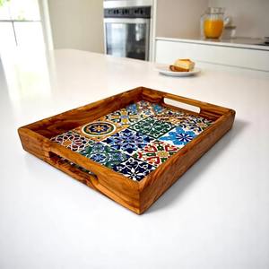 Plateau de service en bois sur mesure avec impression, grand plateau rustique pour la décoration de la maison et de la cuisine, provenance Inde - Product Image 4