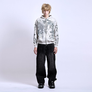 Sudaderas con capucha para hombre, bordadas, de invierno, con pedrería, con lavado ácido, desgastadas, vintage, con cremallera, oversize, estilo streetwear, venta al por mayor, suministro a granel - Product Image 2