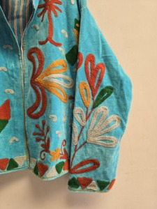 Turquoise <b>Velvet</b> Suzani <b>Jacket</b> <b>for</b> <b>Women</b> Handmade Tropical Fish Embroidery Boho Ethnic Coat Wholesale Designer Outerwear Export - Product Image 4