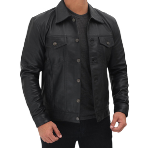 Custom Luxury Men Genuine Leather <b>Jacket</b> Vintage Black <b>Trucker</b> Button Up Coat Casual Outerwear Fashion Streetwear Winter Season - Product Image 3