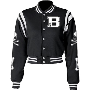 Veste universitaire noire et blanche pour femme, manches longues, motif tête de mort, logo sur le devant, col rabattu, simple boutonnage, en polyester - Product Image 4