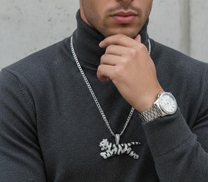 Hip Hop Tiger Pendant <b>Iced</b> Out Necklace Silver Gold 10K 14K Jumping Tiger Rapper <b>Chain</b> Luxury Animal Jewelry Bling Piece - Product Image 3