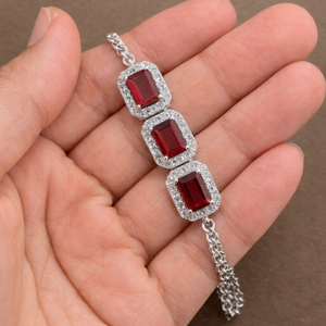 Trendy Everyday Garnet Emerald-Cut Chain <b>Bracelet</b> Rhodium Plated 925 Sterling Silver for Wedding Party Gift Occasions - Product Image 4