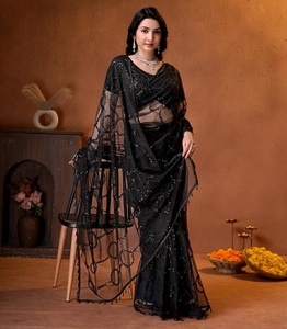 Sari indien ethnique de créateur pour mariage, avec broderie en résille épaisse et travail de sequins, tendance pour femme - Product Image 1